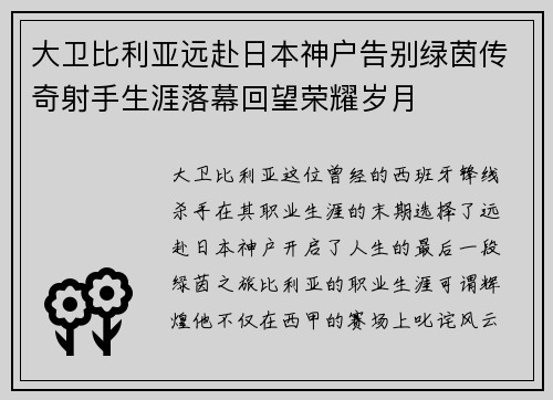 大卫比利亚远赴日本神户告别绿茵传奇射手生涯落幕回望荣耀岁月 大卫比利亚远赴日本神户告别绿茵传奇射手生涯落幕回望荣耀岁月